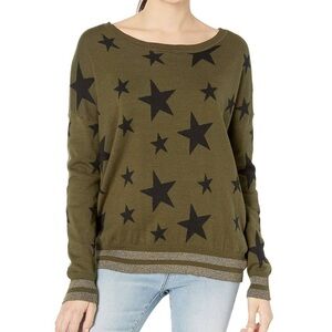 Chaser Cashmere‎ Blend Military Stars Green Black Crewneck Sweater Size Small S